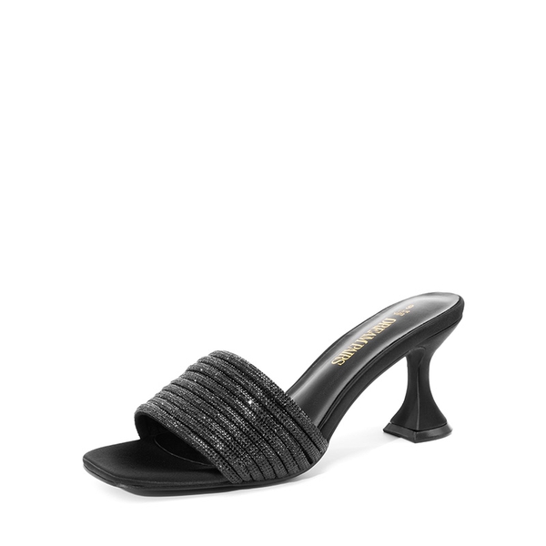 Rhinestone Flared Heel Sandals - BLACK -  0
